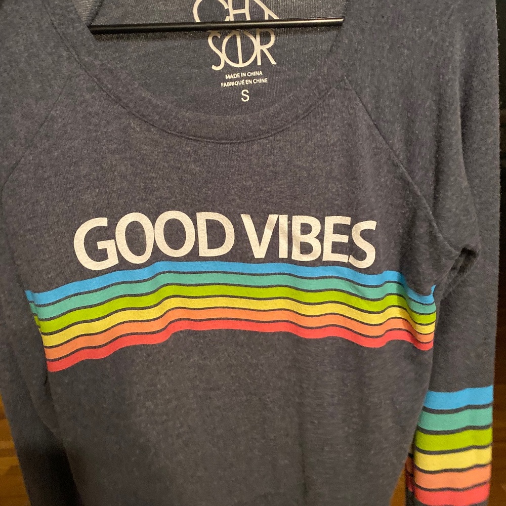 Chaser Good Vibes Rainbow Stripe Graphic Sweatshirt in Navy size Small